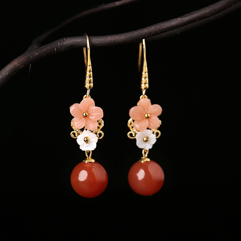 復(fù)古紅瑪瑙吊墜耳環(huán)，超仙花朵耳飾首飾