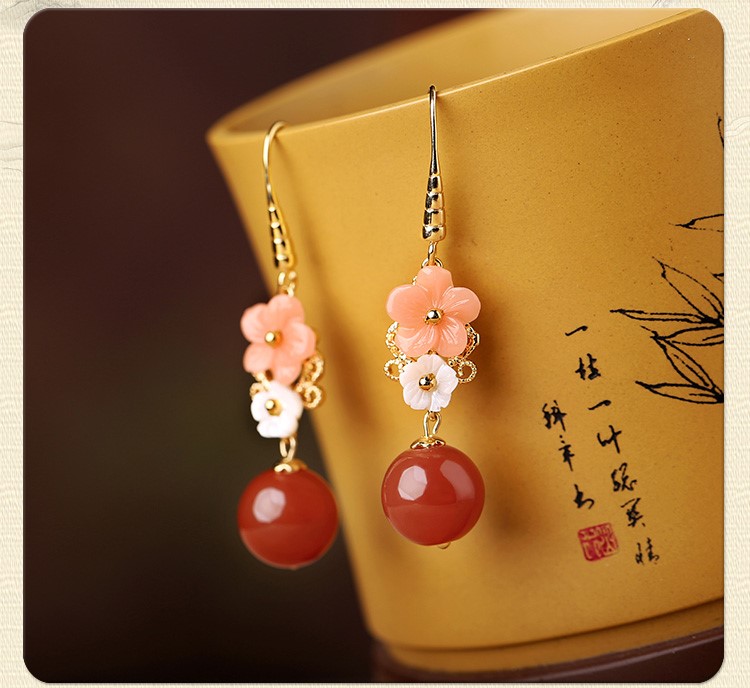 復(fù)古紅瑪瑙吊墜耳環(huán)，超仙花朵耳飾首飾