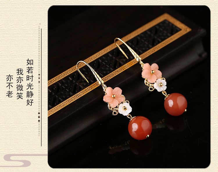 復(fù)古紅瑪瑙吊墜耳環(huán)，超仙花朵耳飾首飾