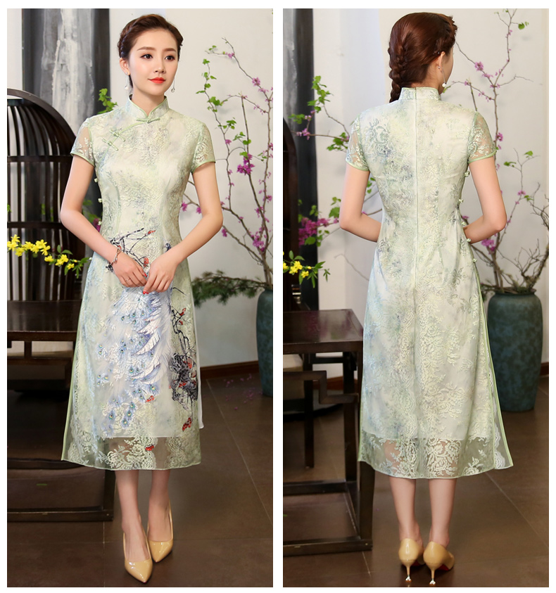 奧黛風(fēng)綠孔雀旗袍，蕾絲短袖旗袍裙!