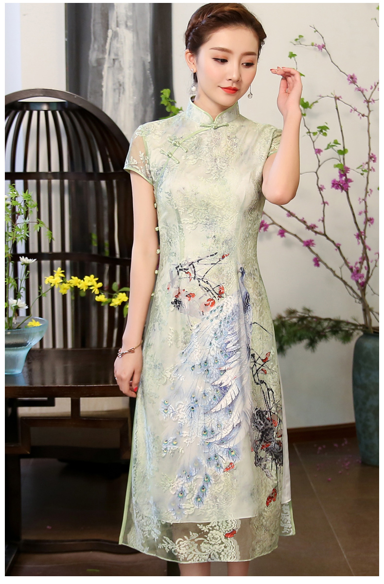 奧黛風(fēng)綠孔雀旗袍，蕾絲短袖旗袍裙!