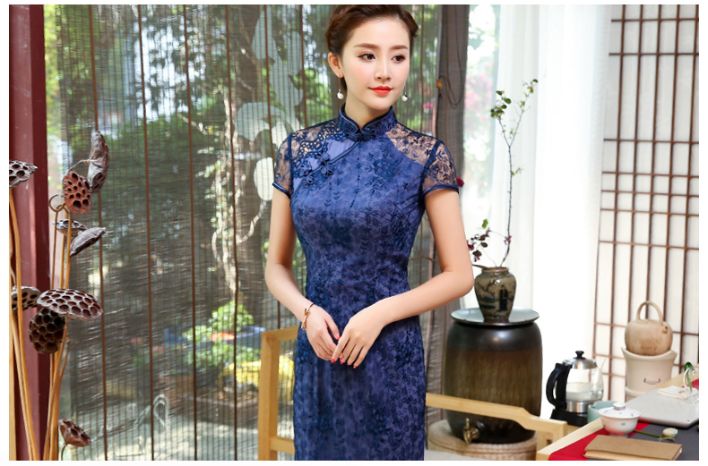 藍(lán)翠蕾絲旗袍，優(yōu)雅改良旗袍裙