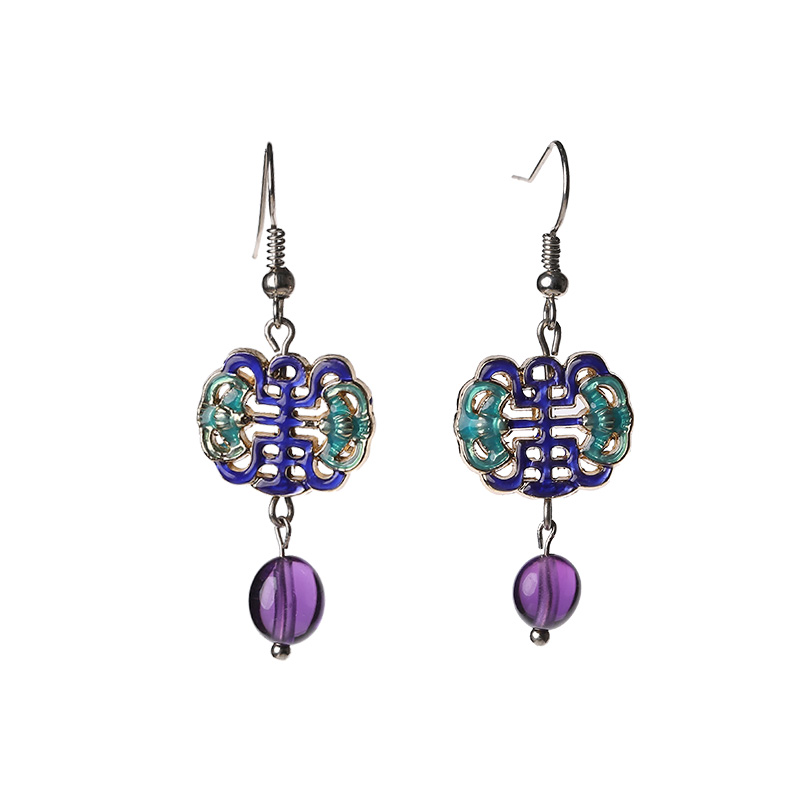 古典景泰藍(lán)耳環(huán)，紫水晶吊墜耳環(huán)首飾