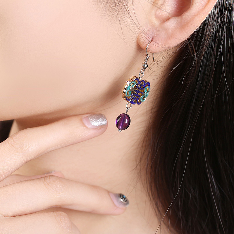 古典景泰藍(lán)耳環(huán)，紫水晶吊墜耳環(huán)首飾