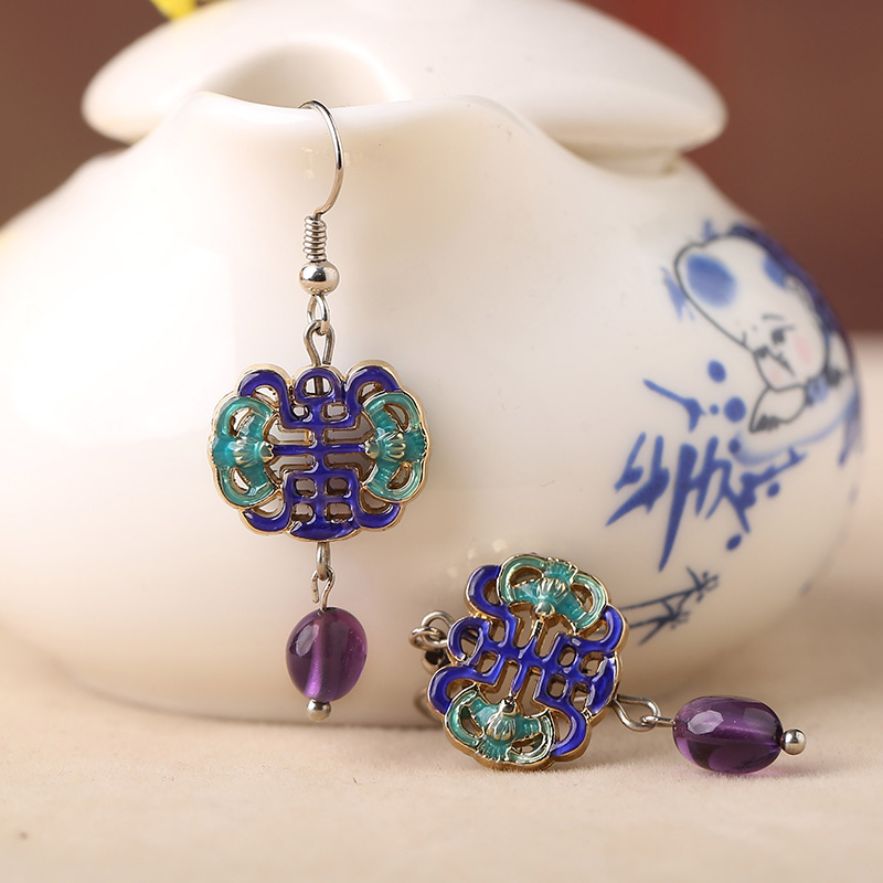 古典景泰藍(lán)耳環(huán)，紫水晶吊墜耳環(huán)首飾