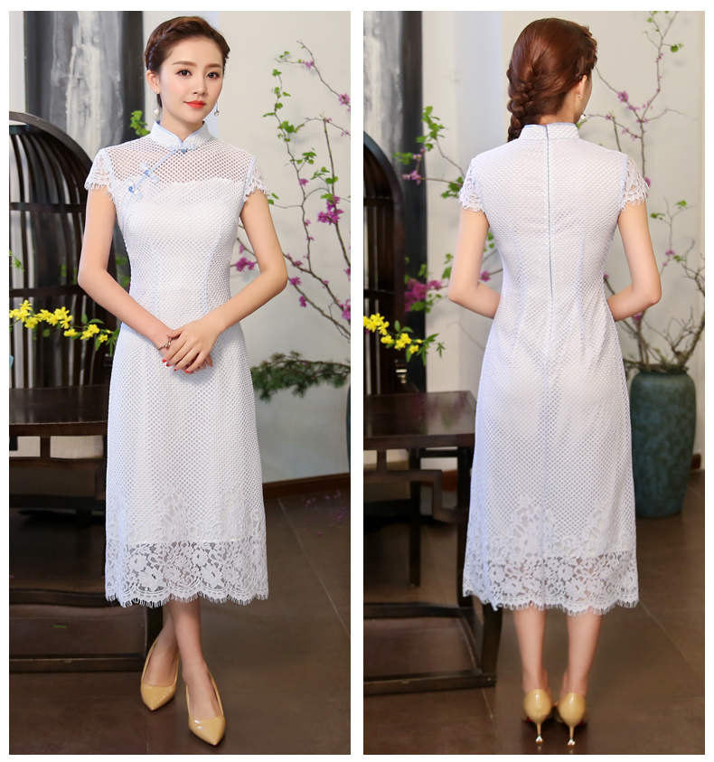 清爽伊人淡藍色旗袍，網(wǎng)狀鏤空旗袍裙