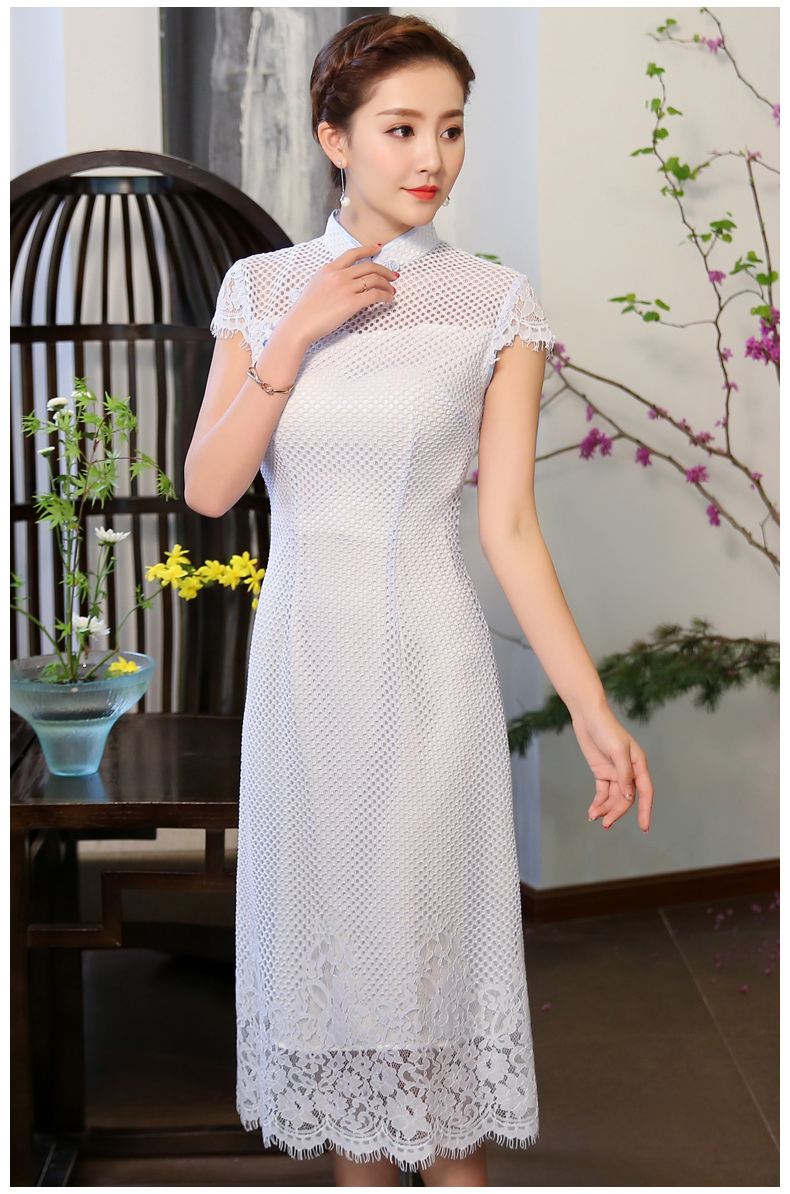 清爽伊人淡藍色旗袍，網(wǎng)狀鏤空旗袍裙
