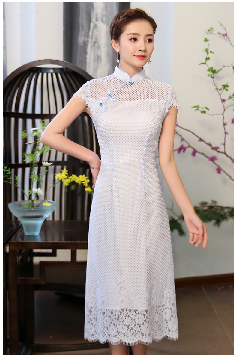 清爽伊人淡藍色旗袍，網(wǎng)狀鏤空旗袍裙