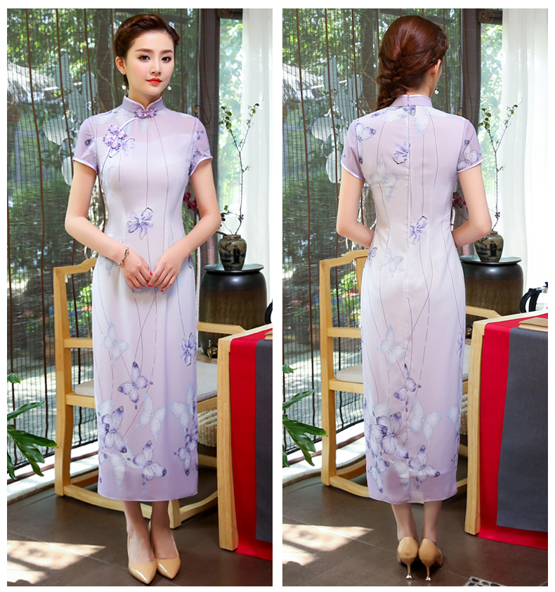 淡紫色旗袍，紫蝶唯美旗袍裙