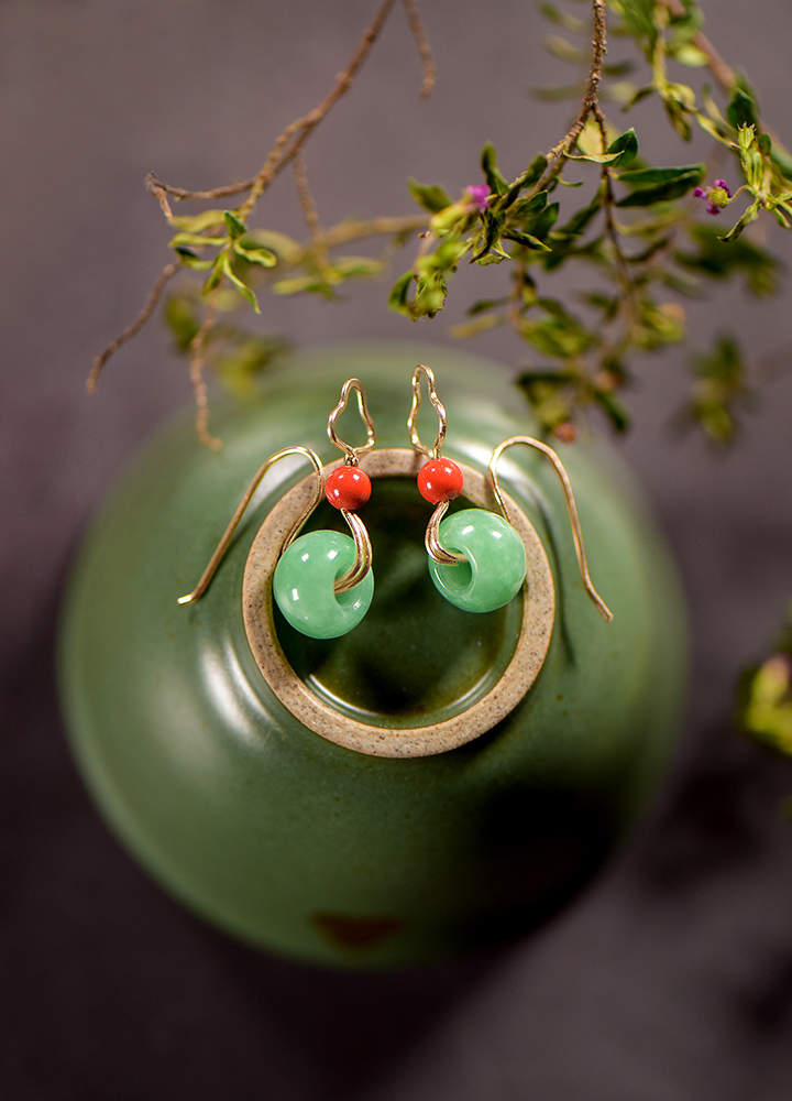 疏香耳環(huán)：天然翡翠平安扣朱砂耳飾首飾