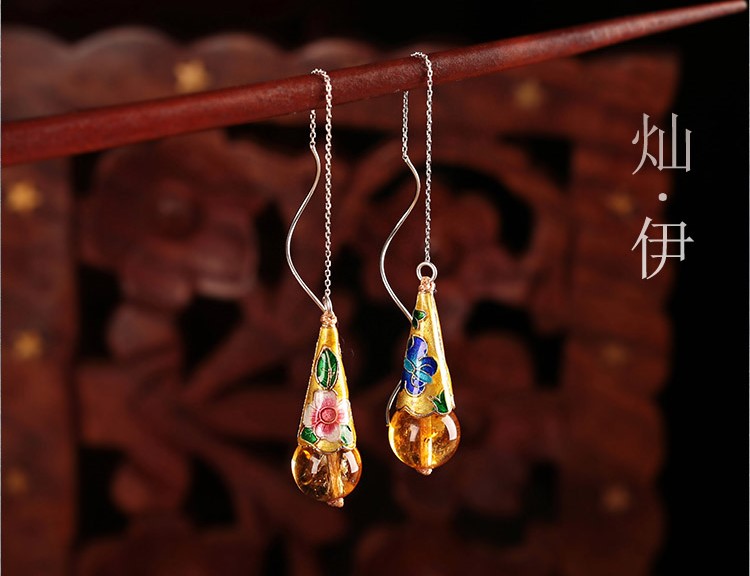 華麗古風(fēng)耳環(huán)，黃亮景泰藍(lán)純銀耳線首飾