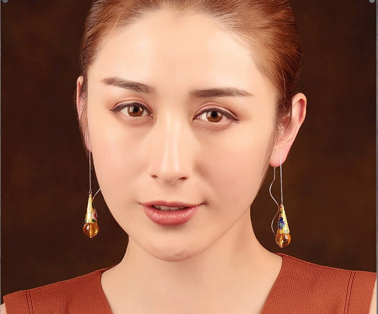 華麗古風(fēng)耳環(huán)，黃亮景泰藍(lán)純銀耳線首飾