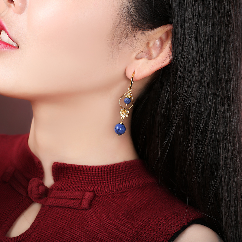 民族風(fēng)森系耳環(huán)，水墨藍(lán)紋石首飾