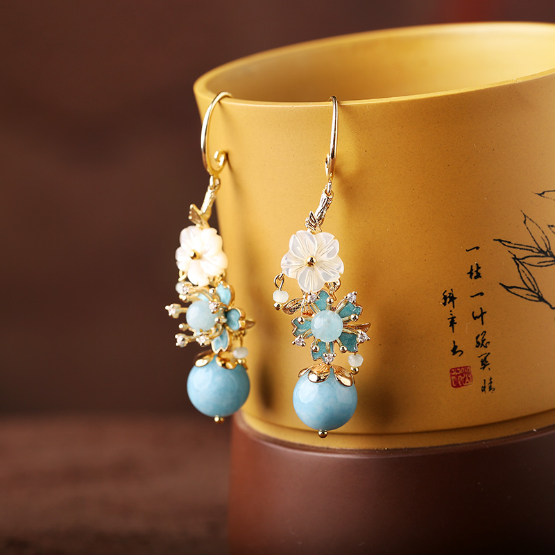 淡藍(lán)海風(fēng)系花朵耳飾，清涼清新氣質(zhì)耳環(huán)