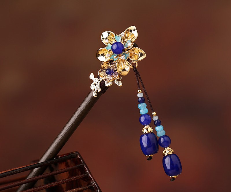 中式手工木簪子，藍(lán)色發(fā)簪頭飾