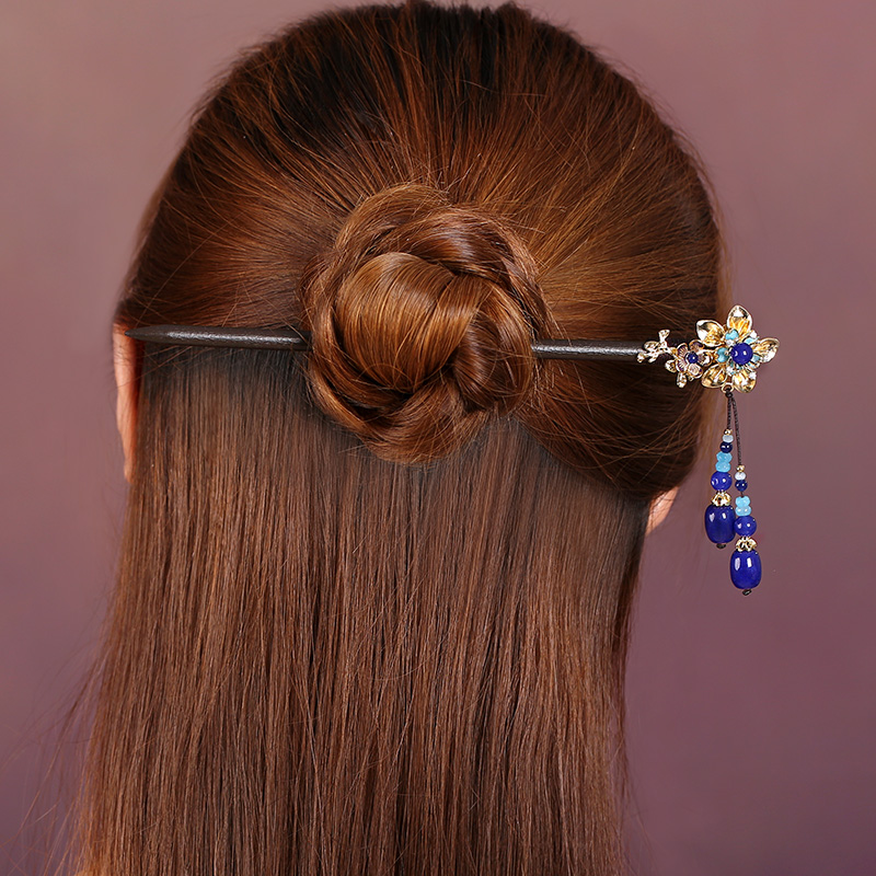 中式手工木簪子，藍(lán)色發(fā)簪頭飾