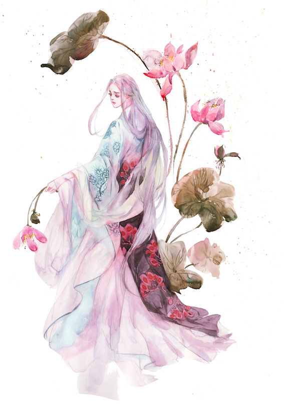 水彩古風(fēng)女子圖集，夢(mèng)幻粉色少女古風(fēng)圖片