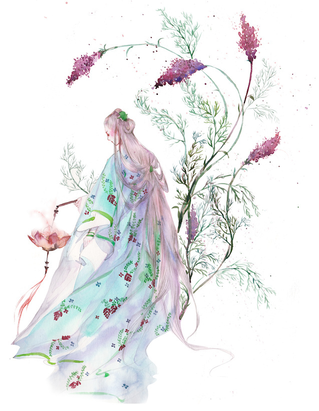 水彩古風(fēng)女子圖集，夢(mèng)幻粉色少女古風(fēng)圖片