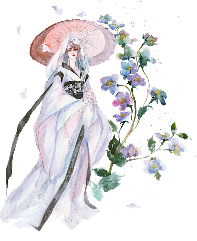 水彩古風(fēng)女子圖集，夢(mèng)幻粉色少女古風(fēng)圖片