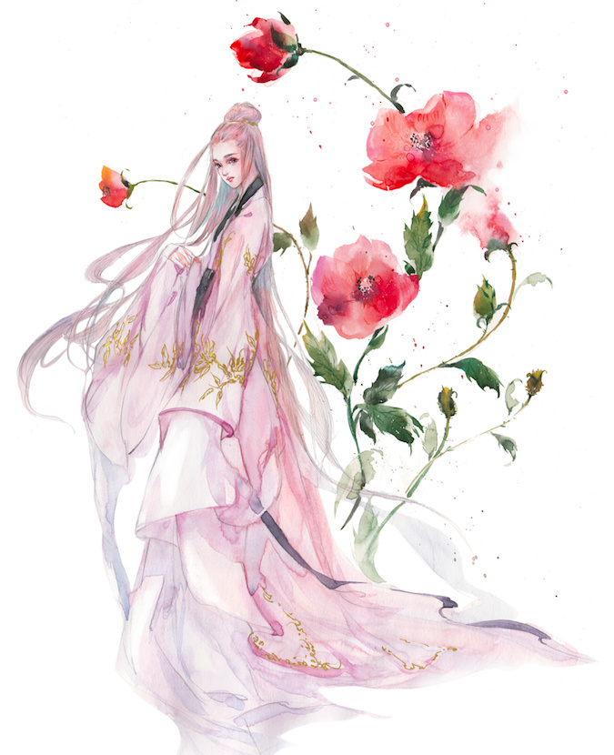 水彩古風(fēng)女子圖集，夢(mèng)幻粉色少女古風(fēng)圖片