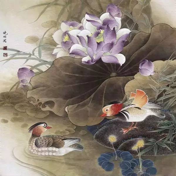 鴛鴦戲水圖集(18張)，好漂亮的國畫圖片