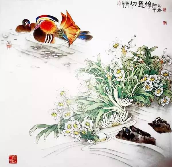 鴛鴦戲水圖集(18張)，好漂亮的國畫圖片