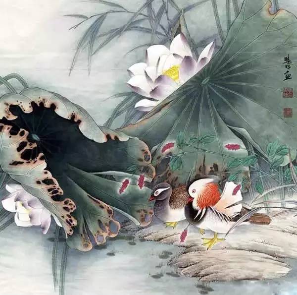 鴛鴦戲水圖集(18張)，好漂亮的國畫圖片