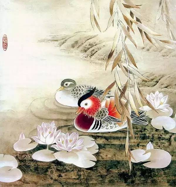 鴛鴦戲水圖集(18張)，好漂亮的國畫圖片