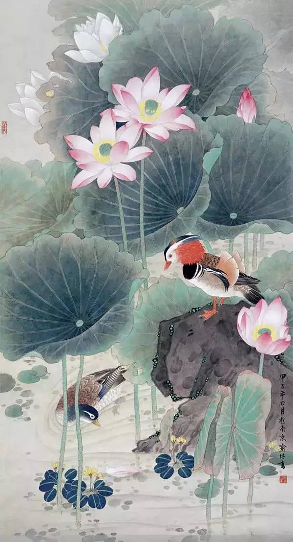 鴛鴦戲水圖集(18張)，好漂亮的國畫圖片