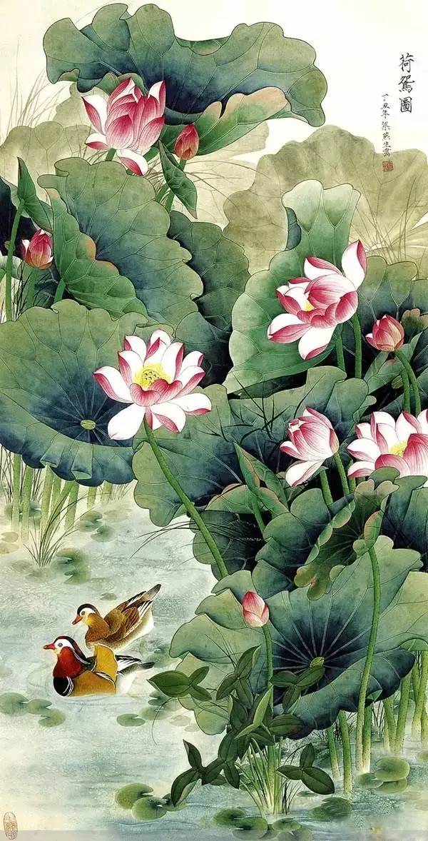 鴛鴦戲水圖集(18張)，好漂亮的國畫圖片