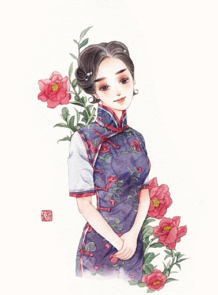 清新水彩旗袍女子插畫，唯美的古風(fēng)插畫圖集