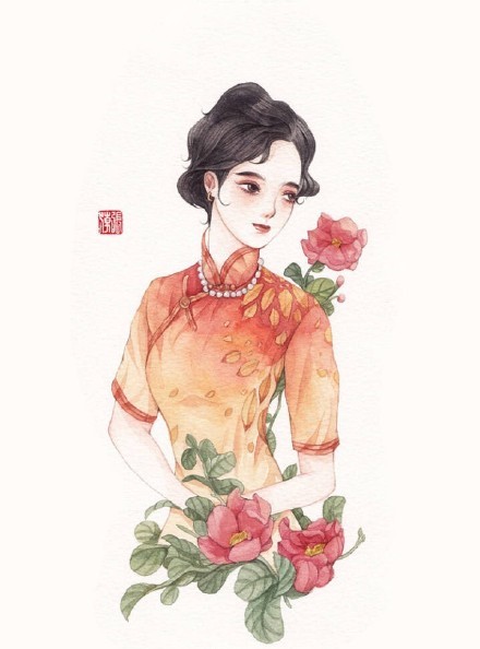 清新水彩旗袍女子插畫，唯美的古風(fēng)插畫圖集