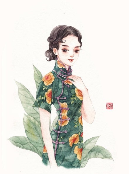 清新水彩旗袍女子插畫，唯美的古風(fēng)插畫圖集
