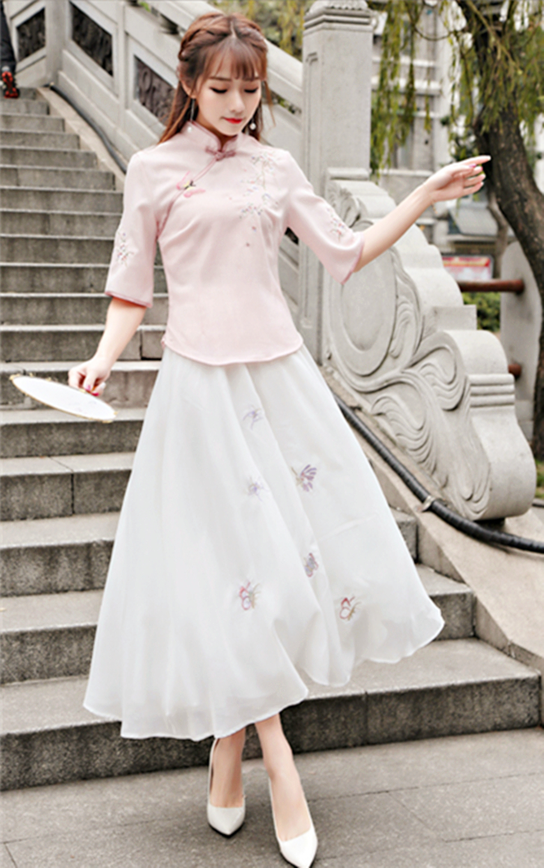 改良唐裝漢元素繡花盤扣套裝