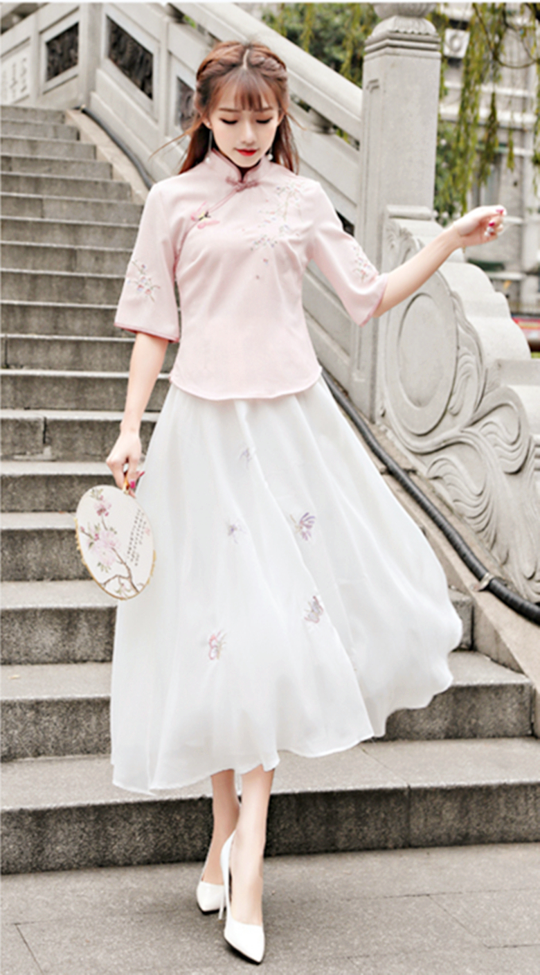 改良唐裝漢元素繡花盤扣套裝