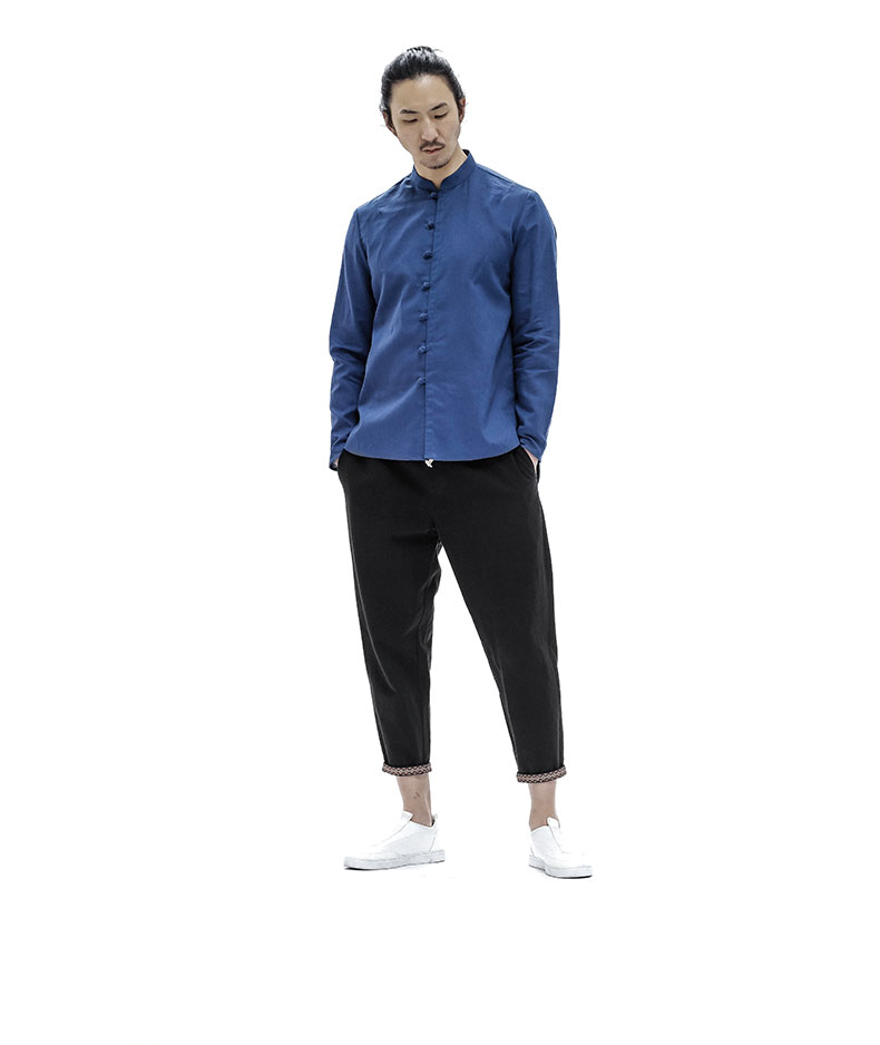 中式服裝唐裝盤扣麻料青年長(zhǎng)袖