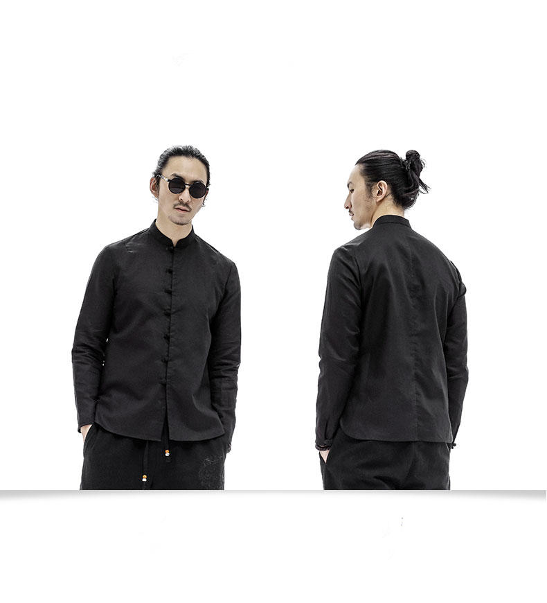 中式服裝唐裝盤(pán)扣麻料青年長(zhǎng)袖