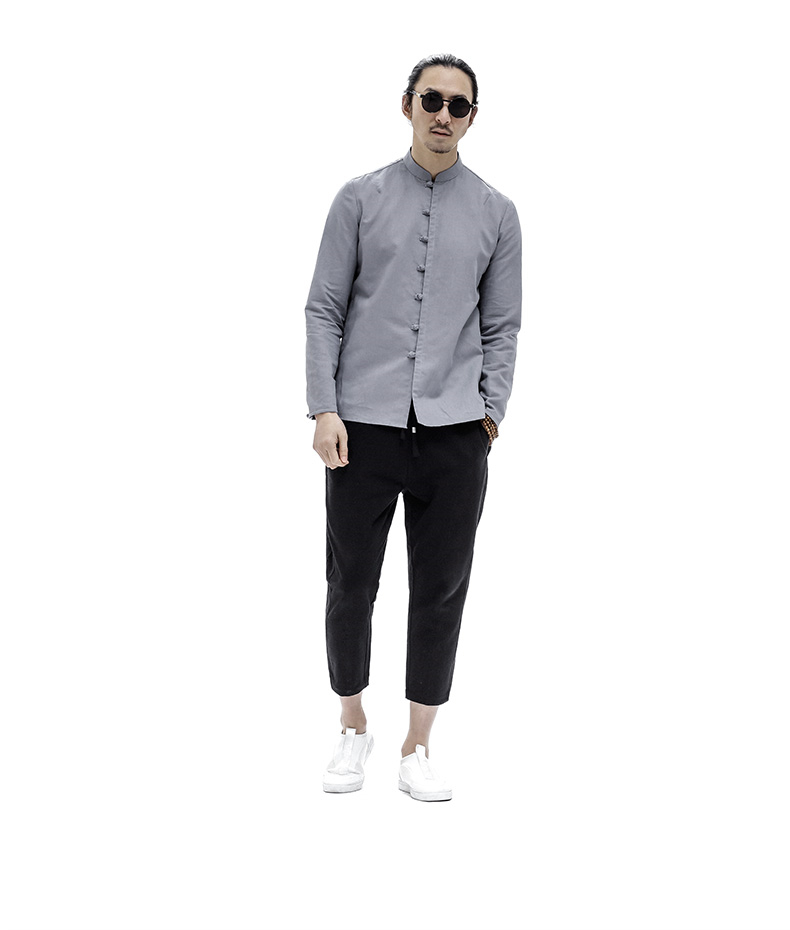 中式服裝唐裝盤扣麻料青年長(zhǎng)袖