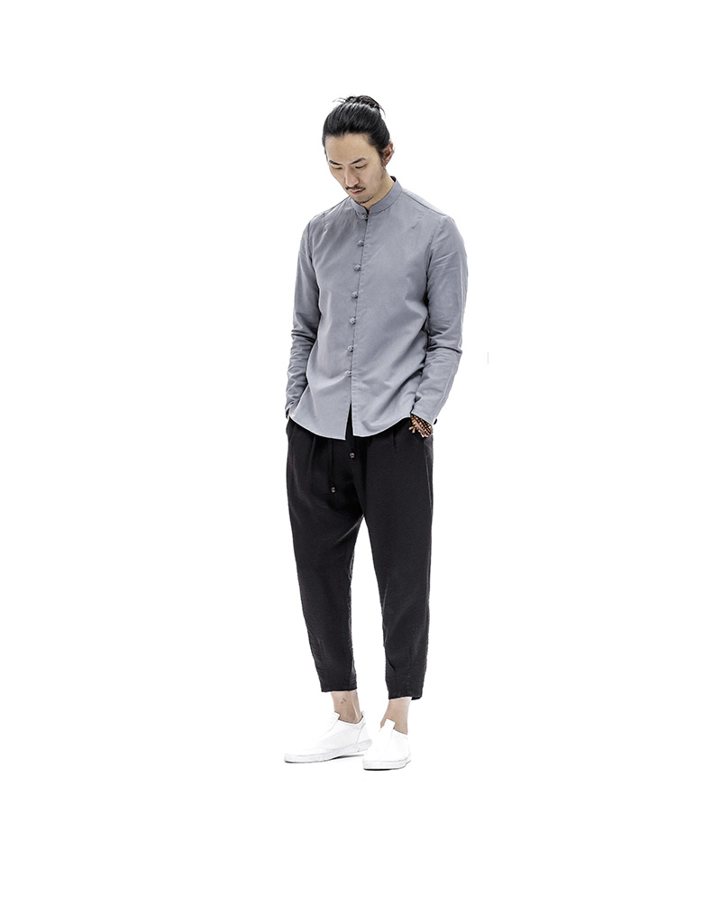 中式服裝唐裝盤扣麻料青年長(zhǎng)袖