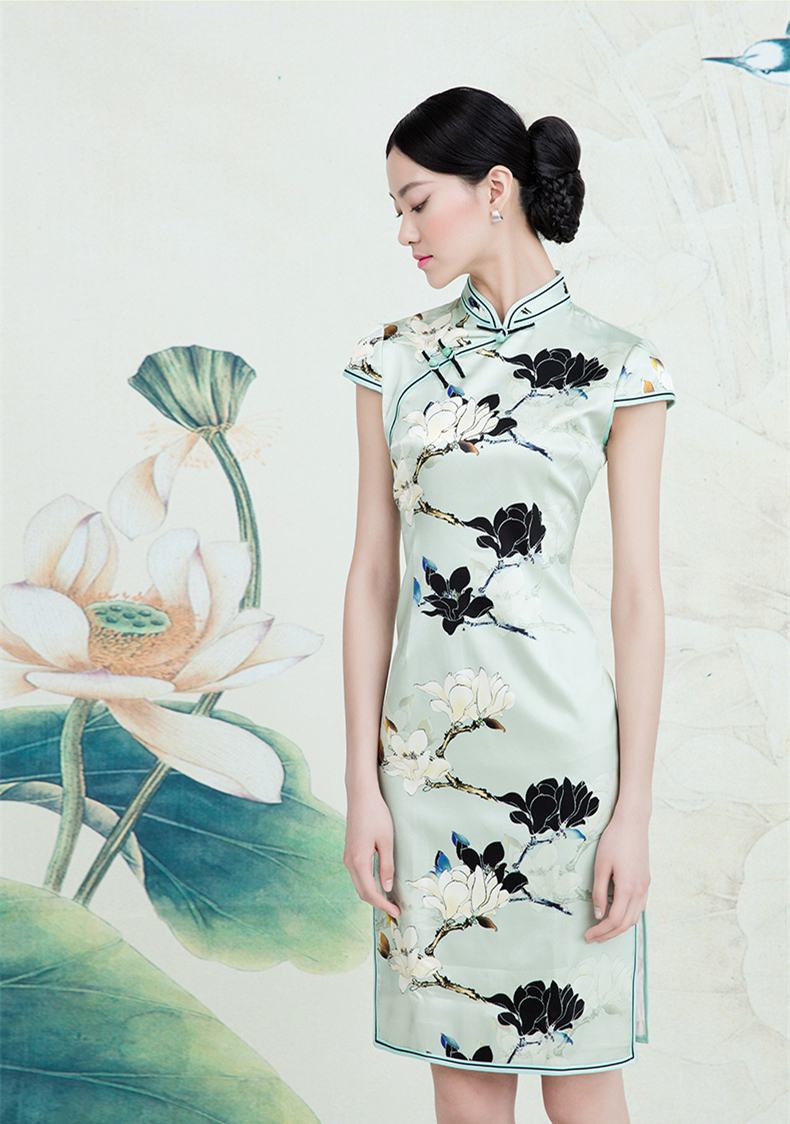 家佳樂文學(xué)蠶絲復(fù)古玉蘭花旗袍春夏款