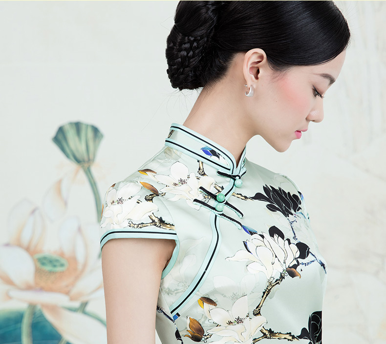 家佳樂文學(xué)蠶絲復(fù)古玉蘭花旗袍春夏款