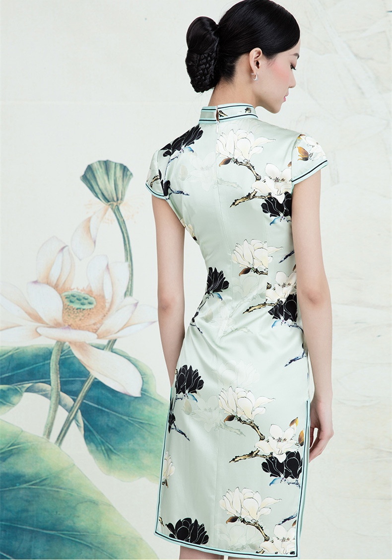 家佳樂文學(xué)蠶絲復(fù)古玉蘭花旗袍春夏款