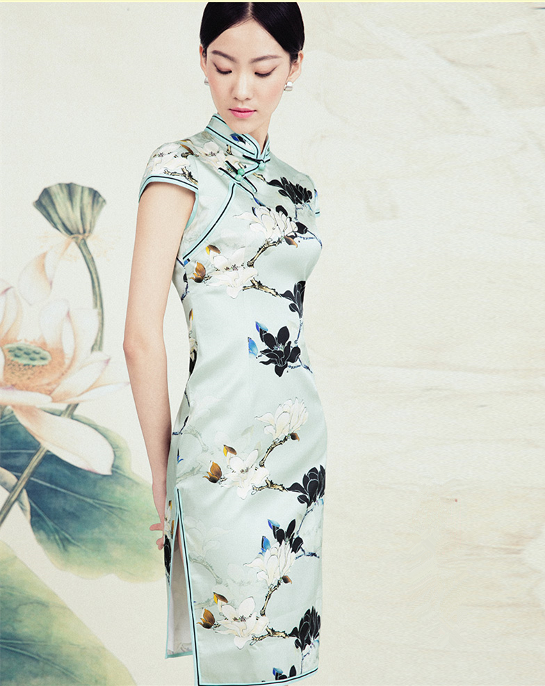 家佳樂文學(xué)蠶絲復(fù)古玉蘭花旗袍春夏款
