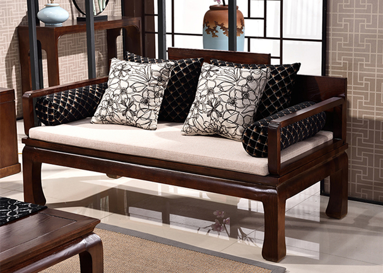 新中式仿古實(shí)木羅漢床布藝沙發(fā)組合