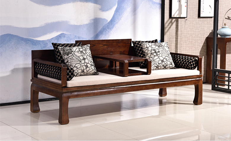 新中式仿古實(shí)木羅漢床布藝沙發(fā)組合