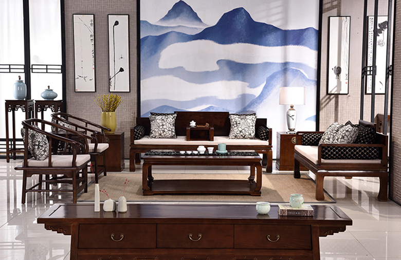 新中式仿古實(shí)木羅漢床布藝沙發(fā)組合