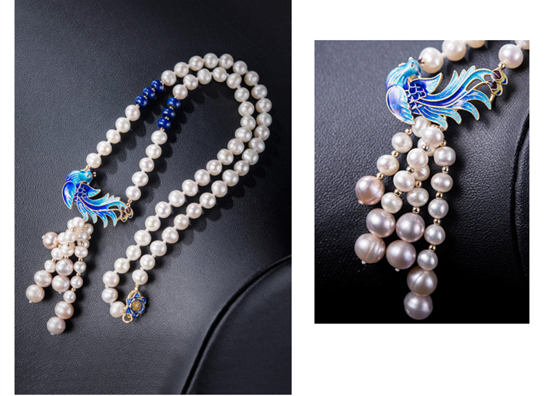 景泰藍孔雀淡水珍珠流蘇復古項鏈