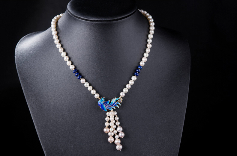 景泰藍孔雀淡水珍珠流蘇復古項鏈