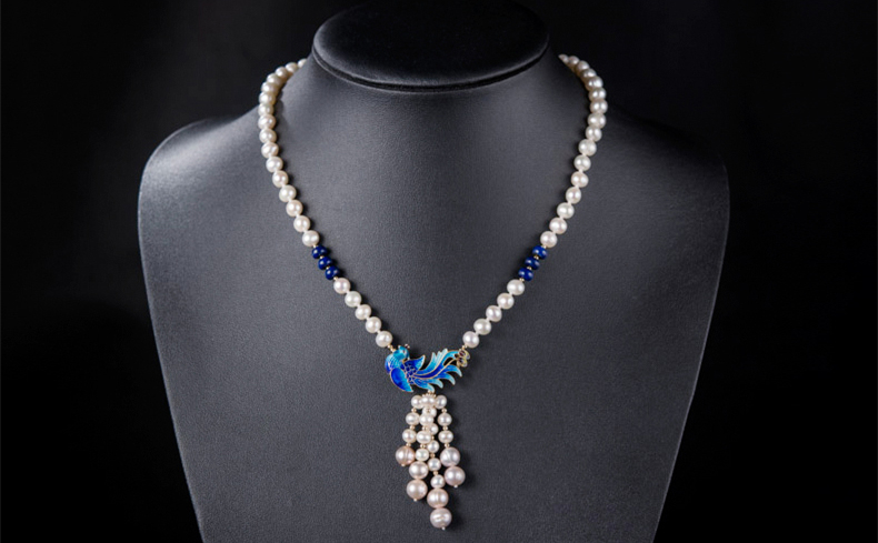 景泰藍孔雀淡水珍珠流蘇復古項鏈