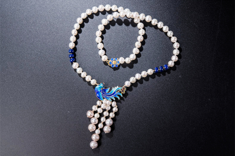 景泰藍孔雀淡水珍珠流蘇復古項鏈